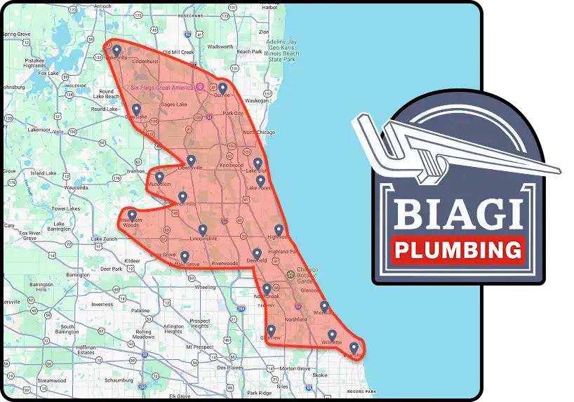 Map of the northern Chicago suburbs with a highlighted red service area and the Biagi Plumbing logo.