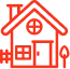 Red line-art icon of a house with a chimney, a fence, and a tree.