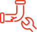 Red line icon of a cracked pipe and a wrench.