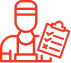 Red line icon of a person wearing an apron holding a clipboard with a checklist.