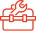 Red outline icon of a toolbox with a wrench inside.