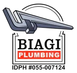 Logo for Biagi Plumbing featuring a stylized pipe, the words “BIAGI PLUMBING,” and the IDPH license number #055-007124 below.