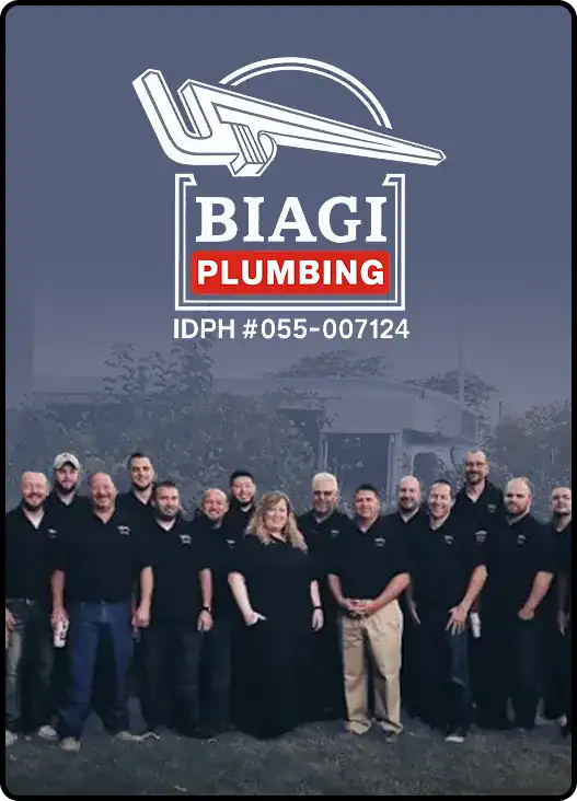 The Biagi Plumbing logo displayed above a group of sixteen employees posing for a photo.