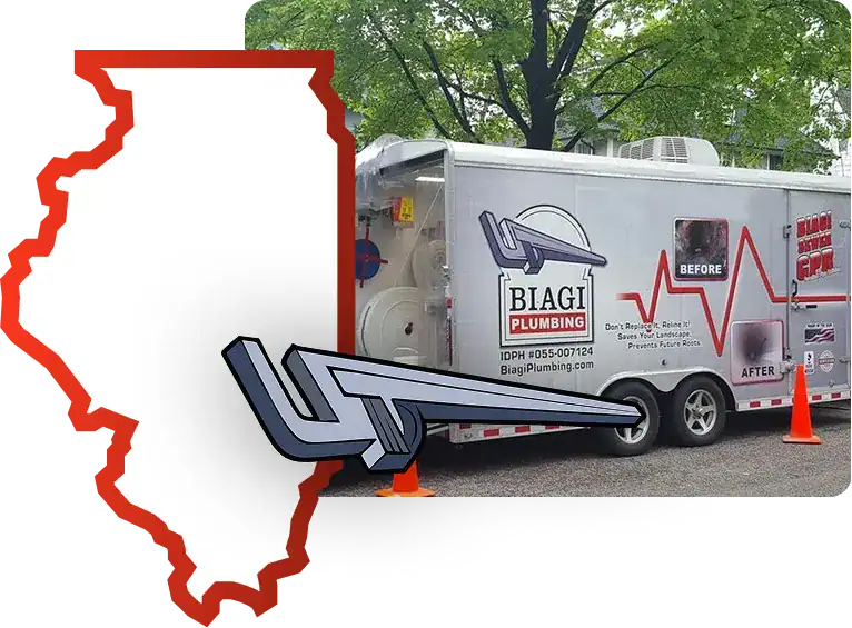 A Biagi Plumbing service trailer parked in front of a map of Illinois.